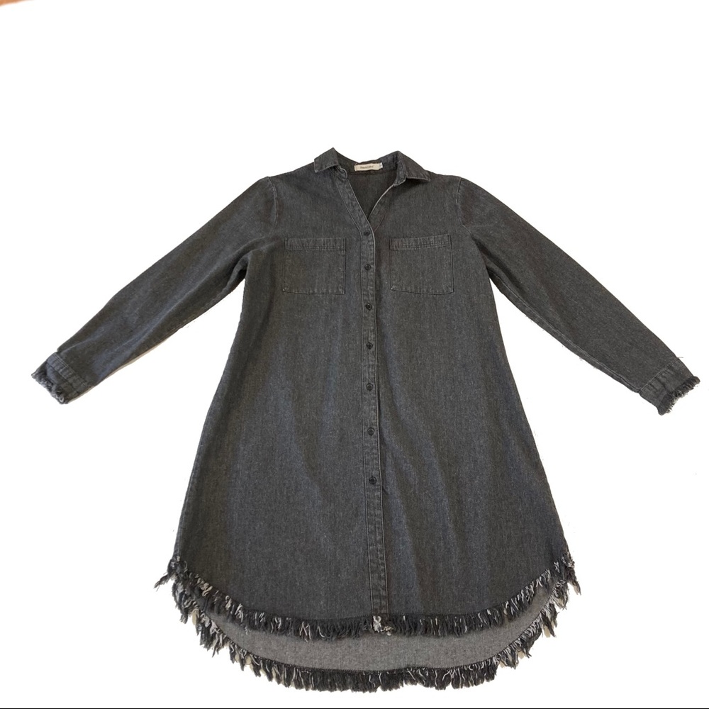 Francis Cabrel. Grayish denim jean long sleeve mini dress. Large frayed